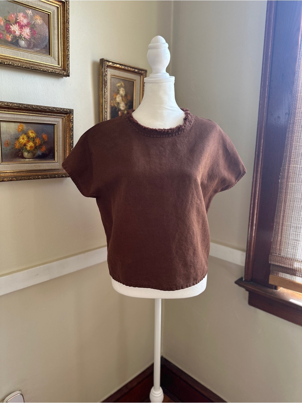 100% Linen Boxy Short Sleeve Tee in Chocolate Brown